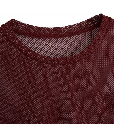 Women's Sexy Sheer Mesh Fishnet Net Short Sleeve T-Shirt Crop Top Solid Burgundy $11.00 Others