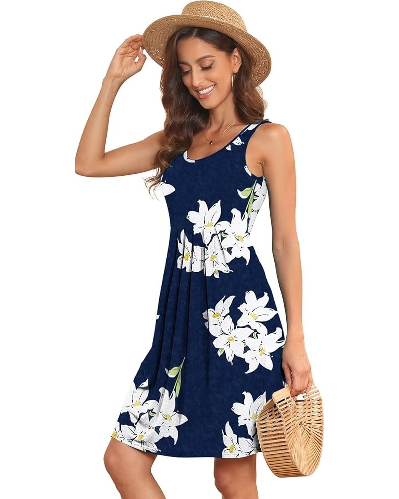 Women Summer Casual Sleeveless Midi Plain Pleated Tank Vest Dresses S-3XL 2-flower Navy White $14.62 Tops