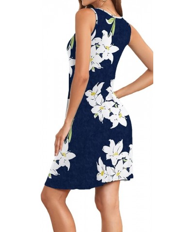 Women Summer Casual Sleeveless Midi Plain Pleated Tank Vest Dresses S-3XL 2-flower Navy White $14.62 Tops