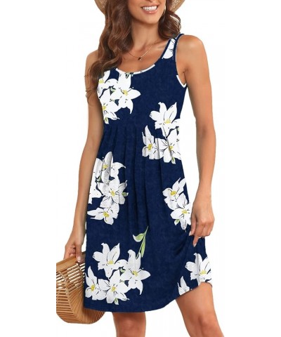 Women Summer Casual Sleeveless Midi Plain Pleated Tank Vest Dresses S-3XL 2-flower Navy White $14.62 Tops