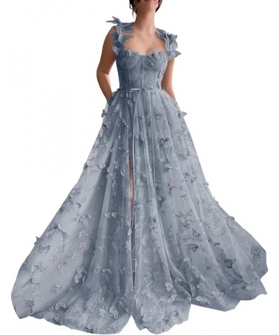 Women's Long 3D Butterfly Prom Dress Floor-Length Lace Applique Formal Evening Tulle Party Gowns Dusty Blue $38.13 Dresses