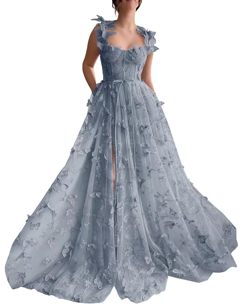 Women's Long 3D Butterfly Prom Dress Floor-Length Lace Applique Formal Evening Tulle Party Gowns Dusty Blue $38.13 Dresses