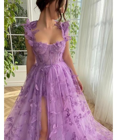 Women's Long 3D Butterfly Prom Dress Floor-Length Lace Applique Formal Evening Tulle Party Gowns Dusty Blue $38.13 Dresses