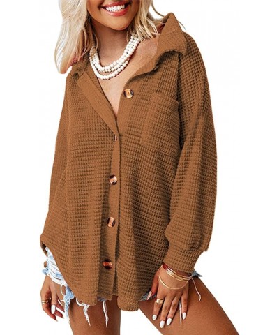 Womens Waffle Knit Shacket Casual Long Sleeve Button Down Shirts Jacket Tops Blouses Brown $13.02 Blouses