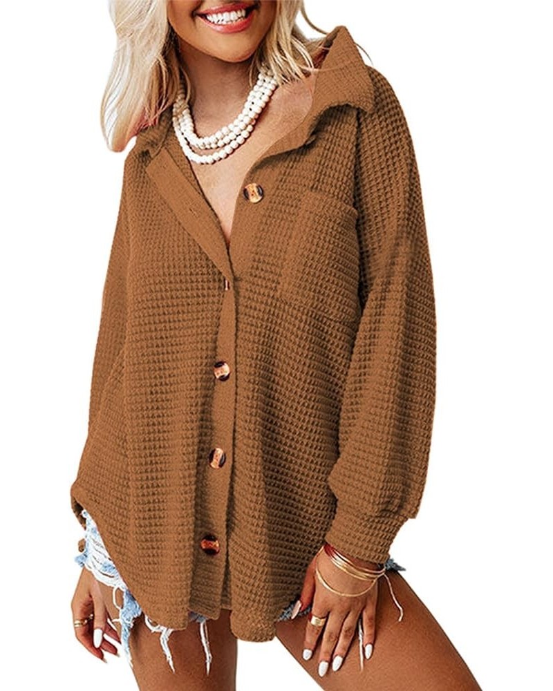 Womens Waffle Knit Shacket Casual Long Sleeve Button Down Shirts Jacket Tops Blouses Brown $13.02 Blouses