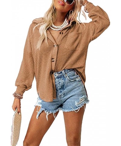 Womens Waffle Knit Shacket Casual Long Sleeve Button Down Shirts Jacket Tops Blouses Brown $13.02 Blouses