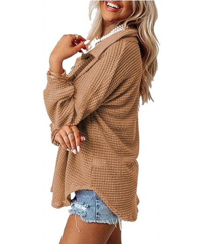 Womens Waffle Knit Shacket Casual Long Sleeve Button Down Shirts Jacket Tops Blouses Brown $13.02 Blouses