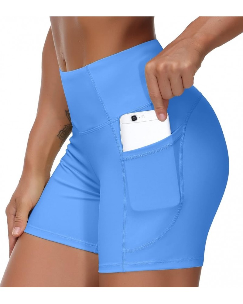 High Waist Yoga Shorts for Women's Tummy Control Fitness Athletic Workout Running Shorts with Deep Pockets Sea Blue $11.00 Ac...