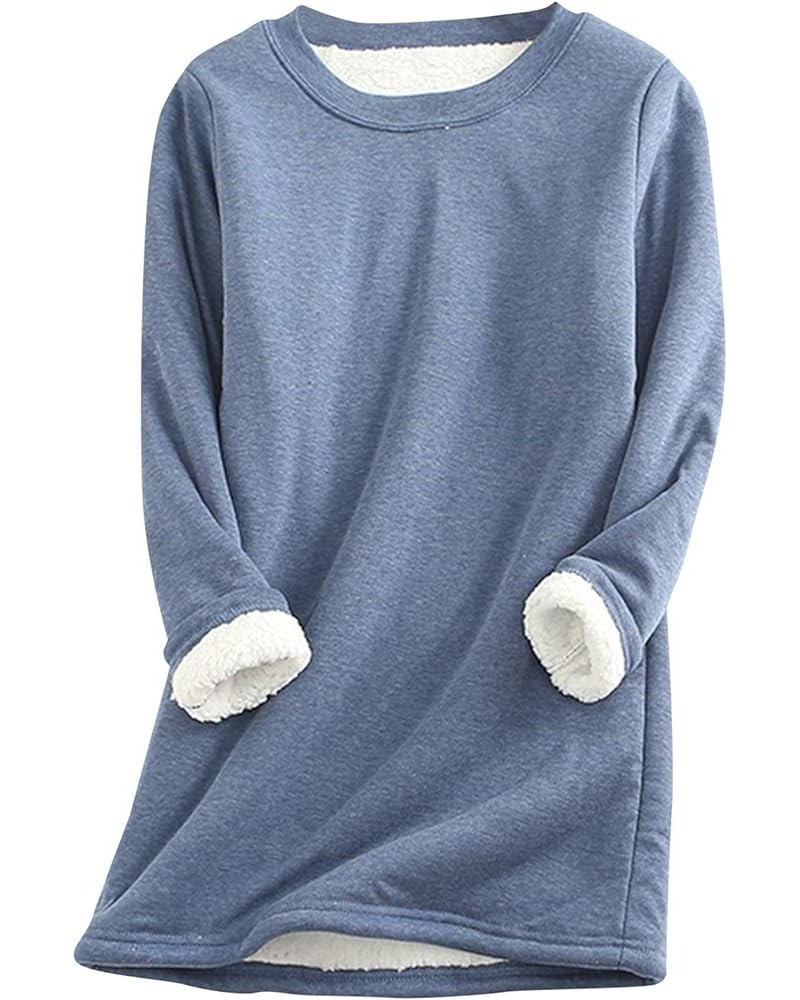 Womens Winter Soft Sherpa Fleece Lined Pullover Crewneck Solid Color Sweatshirt Blue $13.80 Hoodies & Sweatshirts