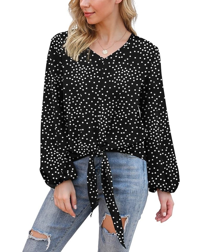 Womens Tie Front Knot Lartern Sleeve Loose Fit V Neck Floral Blouses Chiffon Tops Shirts Black Dot $11.99 Blouses