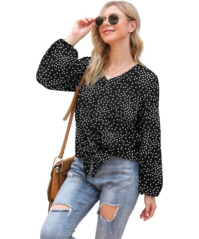 Womens Tie Front Knot Lartern Sleeve Loose Fit V Neck Floral Blouses Chiffon Tops Shirts Black Dot $11.99 Blouses