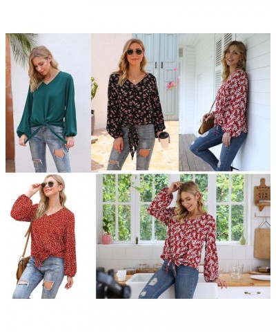 Womens Tie Front Knot Lartern Sleeve Loose Fit V Neck Floral Blouses Chiffon Tops Shirts Black Dot $11.99 Blouses