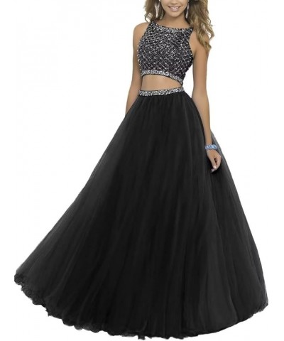 Women's Two Pieces Prom Dresses Beaded Tulle Rhinestones Crewneck Sleeveless A-line Formal Party Gowns Black $41.40 Dresses