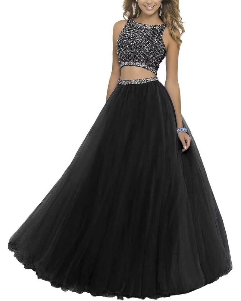 Women's Two Pieces Prom Dresses Beaded Tulle Rhinestones Crewneck Sleeveless A-line Formal Party Gowns Black $41.40 Dresses