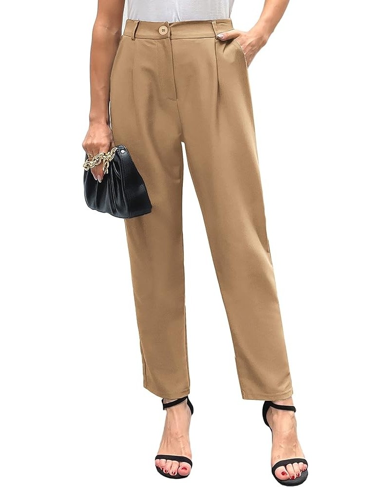 Women's Casual Work Pants with Pockets Elastic Waist Plaid Pants Khaki $18.04 Pants