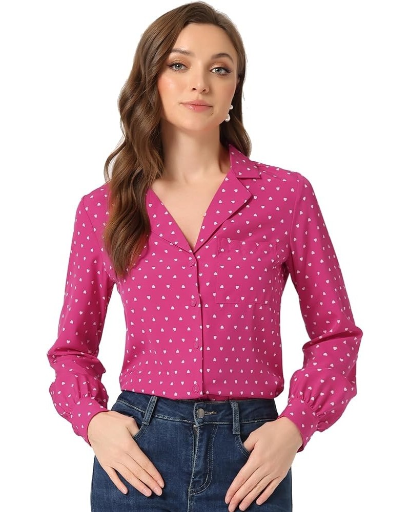 Women's 1950s Vintage Long Sleeve Printed Button Down Tops Rose Red $15.18 Blouses