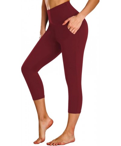 Capri Leggings with Pockets for Women High Waisted Workout Leggings Tummy Control Yoga Pants 1-wine Red $8.50 Activewear