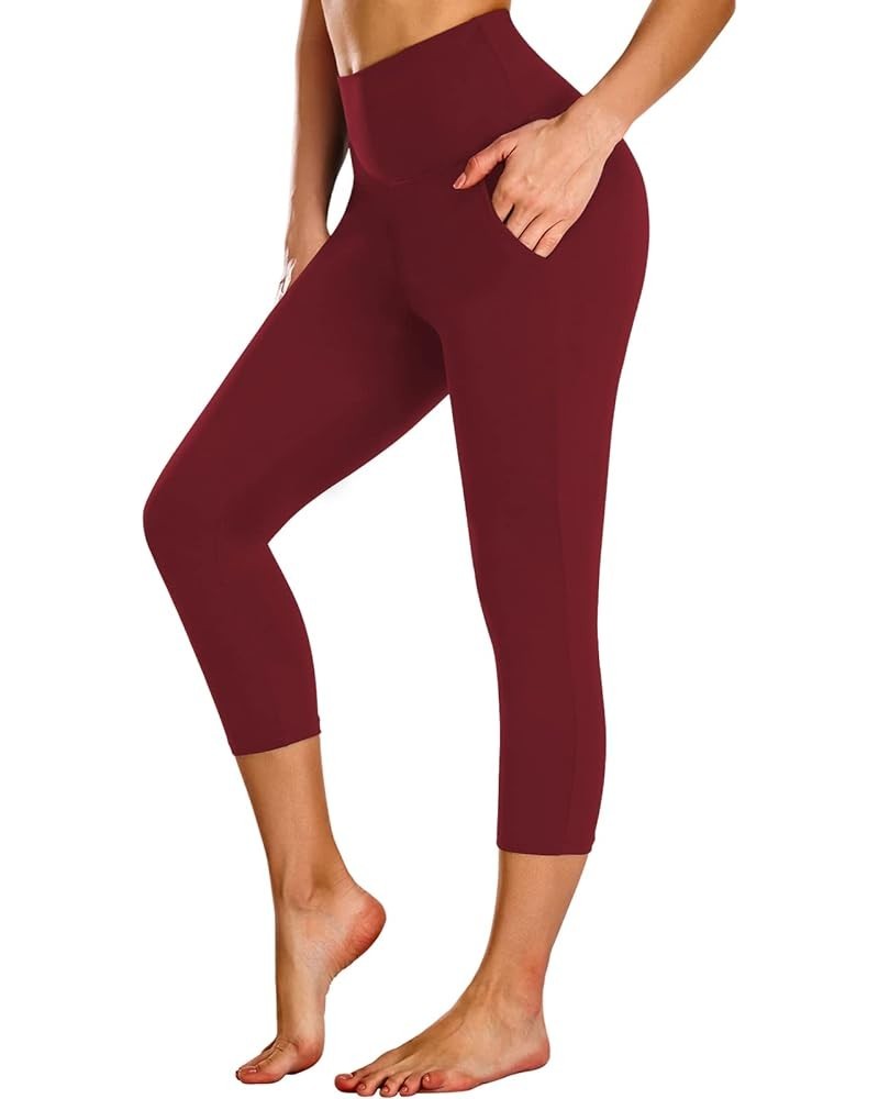 Capri Leggings with Pockets for Women High Waisted Workout Leggings Tummy Control Yoga Pants 1-wine Red $8.50 Activewear