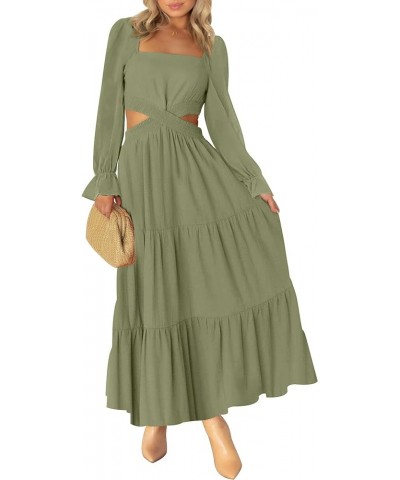 Women's 2024 Long Sleeve Cutout Maxi Dress Square Neck Crossover Waist Ruffle Tiered Casual Party Dress Armygreen $25.92 Dresses