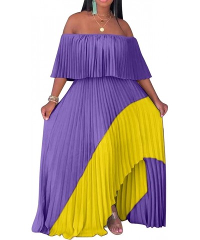 Womens Sexy Off Shoulder Ruffle Color Block Irregular Hem Boho Chiffon Maxi Dress Purple Yellow $20.20 Dresses