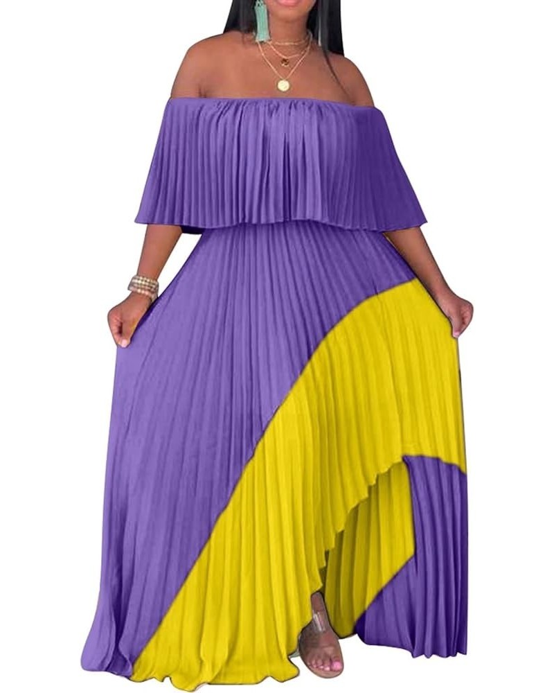 Womens Sexy Off Shoulder Ruffle Color Block Irregular Hem Boho Chiffon Maxi Dress Purple Yellow $20.20 Dresses