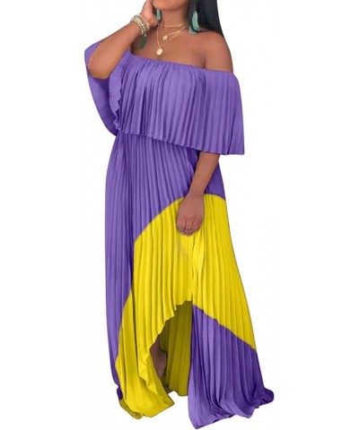 Womens Sexy Off Shoulder Ruffle Color Block Irregular Hem Boho Chiffon Maxi Dress Purple Yellow $20.20 Dresses