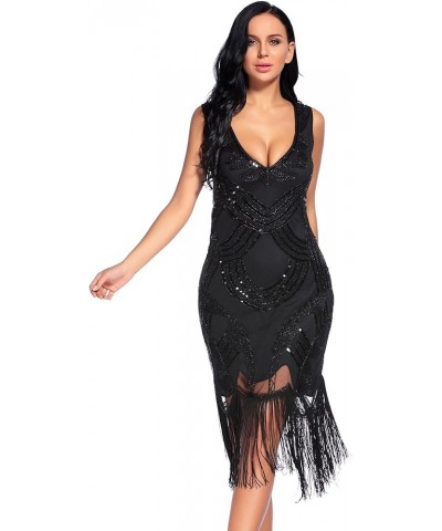 Women's 1920s Gatsby Dress V Neck Sequin Bead Fringed Cocktail Hem Flapper Dress Black $26.09 Dresses