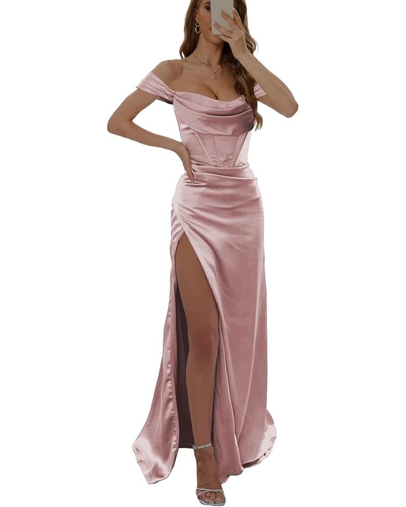 Women's Satin Bridesmaid Dresses for Wedding Off The Shoulder Prom Dress Long Formal Evening Gown Dusty Rose $31.25 Dresses