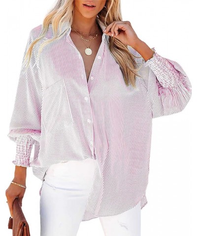 Womens Striped Long Sleeve Button Down V Neck Shirts Casual Smocked Cuffed Boyfriend Blouse Tops with Pockets Pink $11.89 Blo...