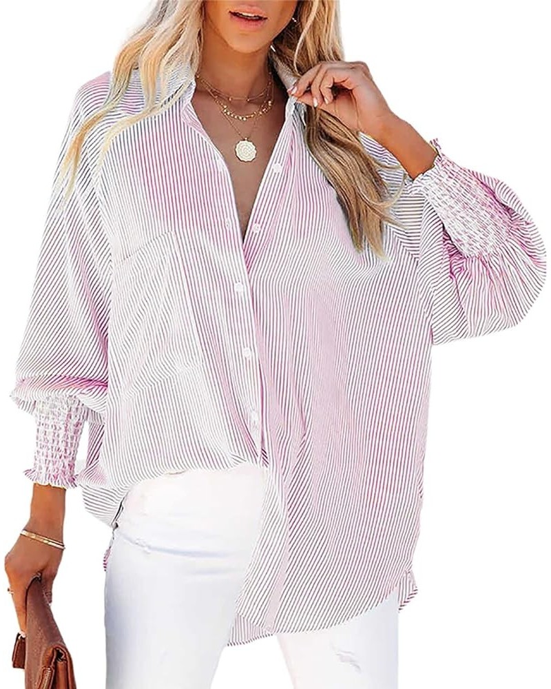 Womens Striped Long Sleeve Button Down V Neck Shirts Casual Smocked Cuffed Boyfriend Blouse Tops with Pockets Pink $11.89 Blo...