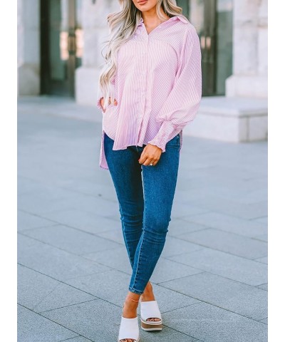 Womens Striped Long Sleeve Button Down V Neck Shirts Casual Smocked Cuffed Boyfriend Blouse Tops with Pockets Pink $11.89 Blo...