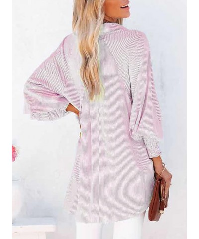 Womens Striped Long Sleeve Button Down V Neck Shirts Casual Smocked Cuffed Boyfriend Blouse Tops with Pockets Pink $11.89 Blo...