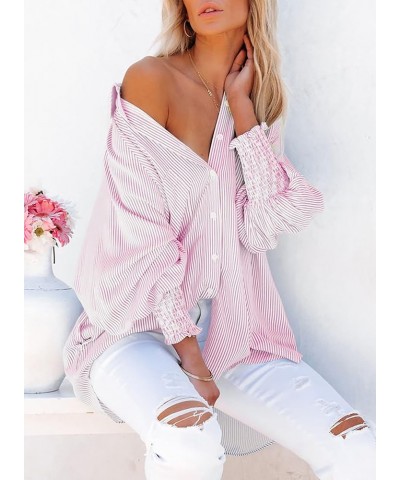 Womens Striped Long Sleeve Button Down V Neck Shirts Casual Smocked Cuffed Boyfriend Blouse Tops with Pockets Pink $11.89 Blo...