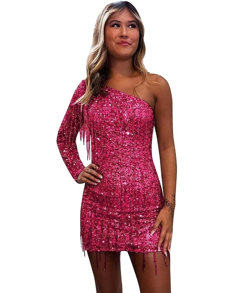 One Shoulder Homecoming Dresses with Sleeves Tight Short Prom Dress for Teens Sequin Cocktail Party Gown Hot Pink $26.46 Dresses