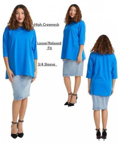 3/4 Sleeve Comfy Oversized Loose Fit Cotton T-Shirts for Women Blue $10.75 T-Shirts