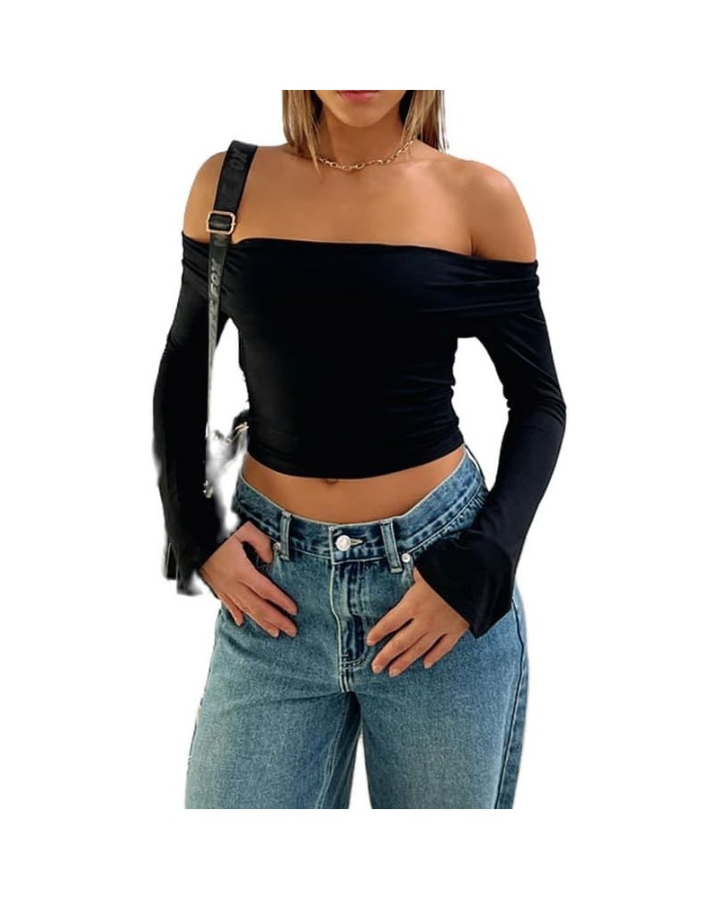 Women Sexy Off Shoulder Long Sleeve Tee Slim Fitted Ribbed Knit Crop Shirts Sexy Streetwear Blouse Tops Pullovers Lapel Black...