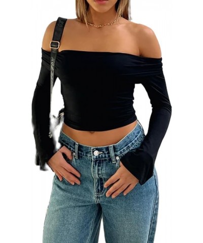 Women Sexy Off Shoulder Long Sleeve Tee Slim Fitted Ribbed Knit Crop Shirts Sexy Streetwear Blouse Tops Pullovers Lapel Black...