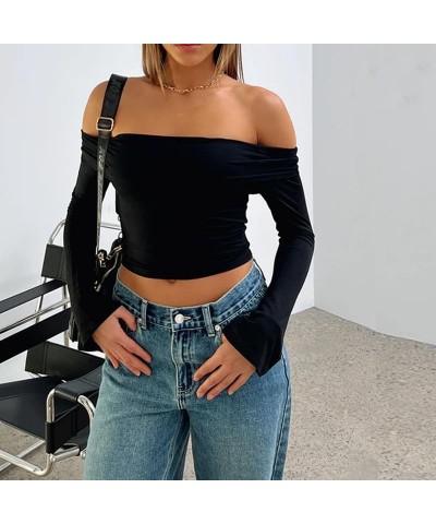 Women Sexy Off Shoulder Long Sleeve Tee Slim Fitted Ribbed Knit Crop Shirts Sexy Streetwear Blouse Tops Pullovers Lapel Black...