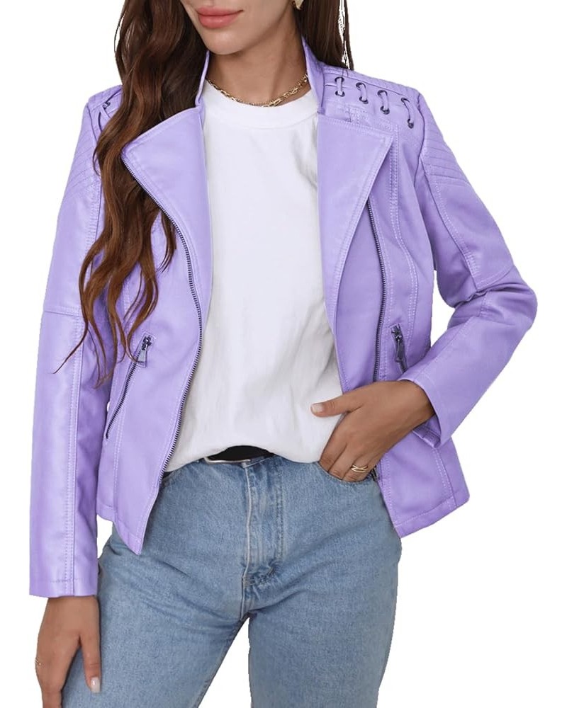 Women's Faux Leather Jacket Motorcycle Zipper Bomber PU Bike Coat Blazer Light Purple $24.33 Coats