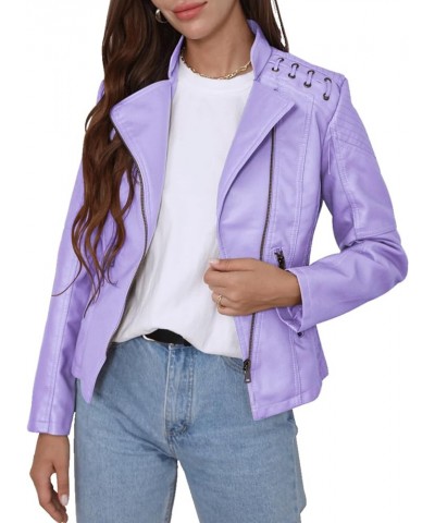 Women's Faux Leather Jacket Motorcycle Zipper Bomber PU Bike Coat Blazer Light Purple $24.33 Coats