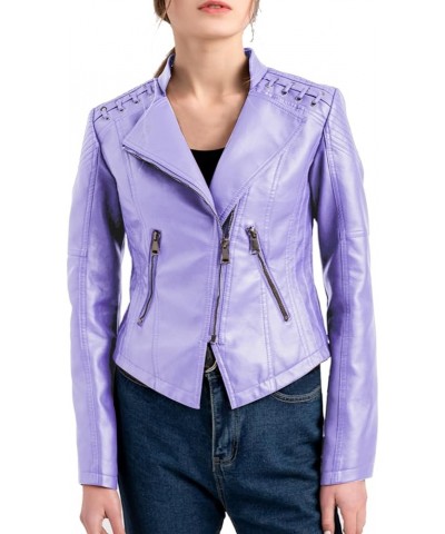 Women's Faux Leather Jacket Motorcycle Zipper Bomber PU Bike Coat Blazer Light Purple $24.33 Coats