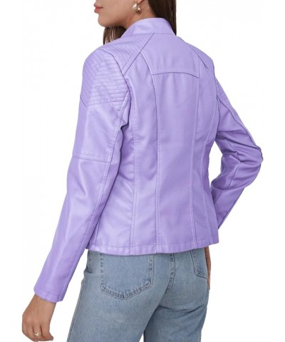 Women's Faux Leather Jacket Motorcycle Zipper Bomber PU Bike Coat Blazer Light Purple $24.33 Coats