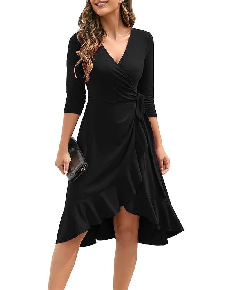 Women's Summer Casual Short Sleeve Cocktail Party Dress Sexy Cross V Neck Ruffle Flowy Work Wrap Dress Z01-black $10.75 Dresses