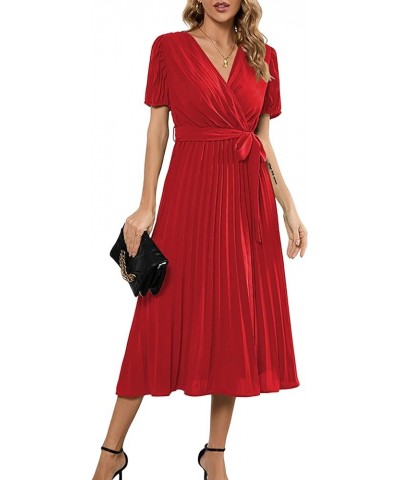 Women's Elegant Wrap V Neck Lantern Sleeve Bulted Pleated Flowy Maxi Long Dress B-03-red $26.40 Dresses