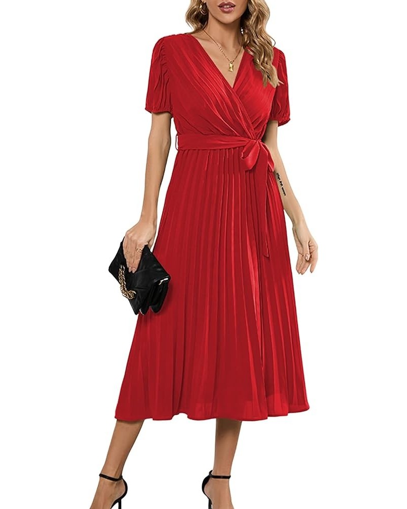 Women's Elegant Wrap V Neck Lantern Sleeve Bulted Pleated Flowy Maxi Long Dress B-03-red $26.40 Dresses