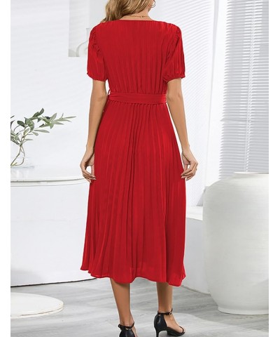 Women's Elegant Wrap V Neck Lantern Sleeve Bulted Pleated Flowy Maxi Long Dress B-03-red $26.40 Dresses