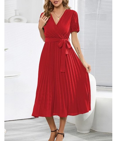 Women's Elegant Wrap V Neck Lantern Sleeve Bulted Pleated Flowy Maxi Long Dress B-03-red $26.40 Dresses