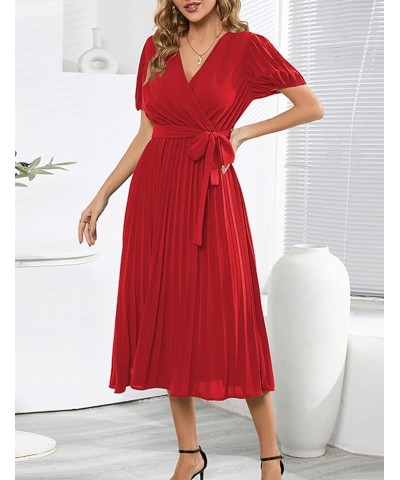 Women's Elegant Wrap V Neck Lantern Sleeve Bulted Pleated Flowy Maxi Long Dress B-03-red $26.40 Dresses