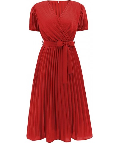 Women's Elegant Wrap V Neck Lantern Sleeve Bulted Pleated Flowy Maxi Long Dress B-03-red $26.40 Dresses