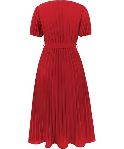 Women's Elegant Wrap V Neck Lantern Sleeve Bulted Pleated Flowy Maxi Long Dress B-03-red $26.40 Dresses